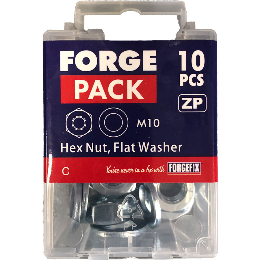 Forgefix FPNUT10 Zinc Plated M10 Nuts and Flat Washers Pack of 10