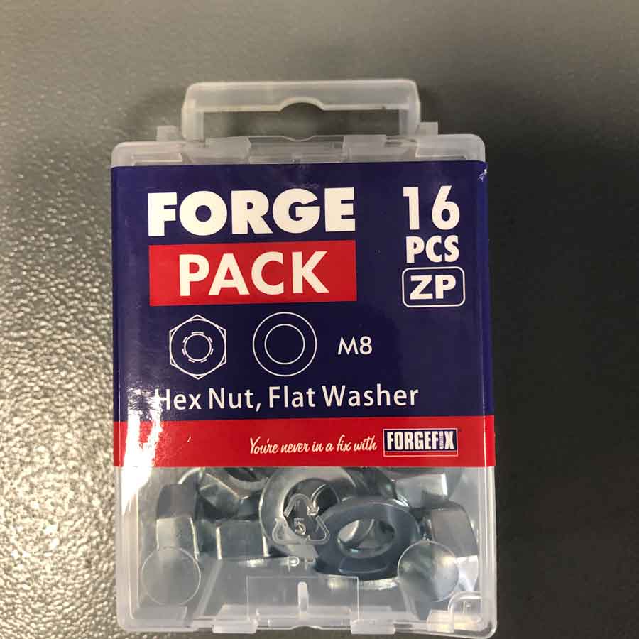 Forgefix FPNUT8 Zinc Plated M8 Hexagonal Nuts and Flat Washers Pack of 16