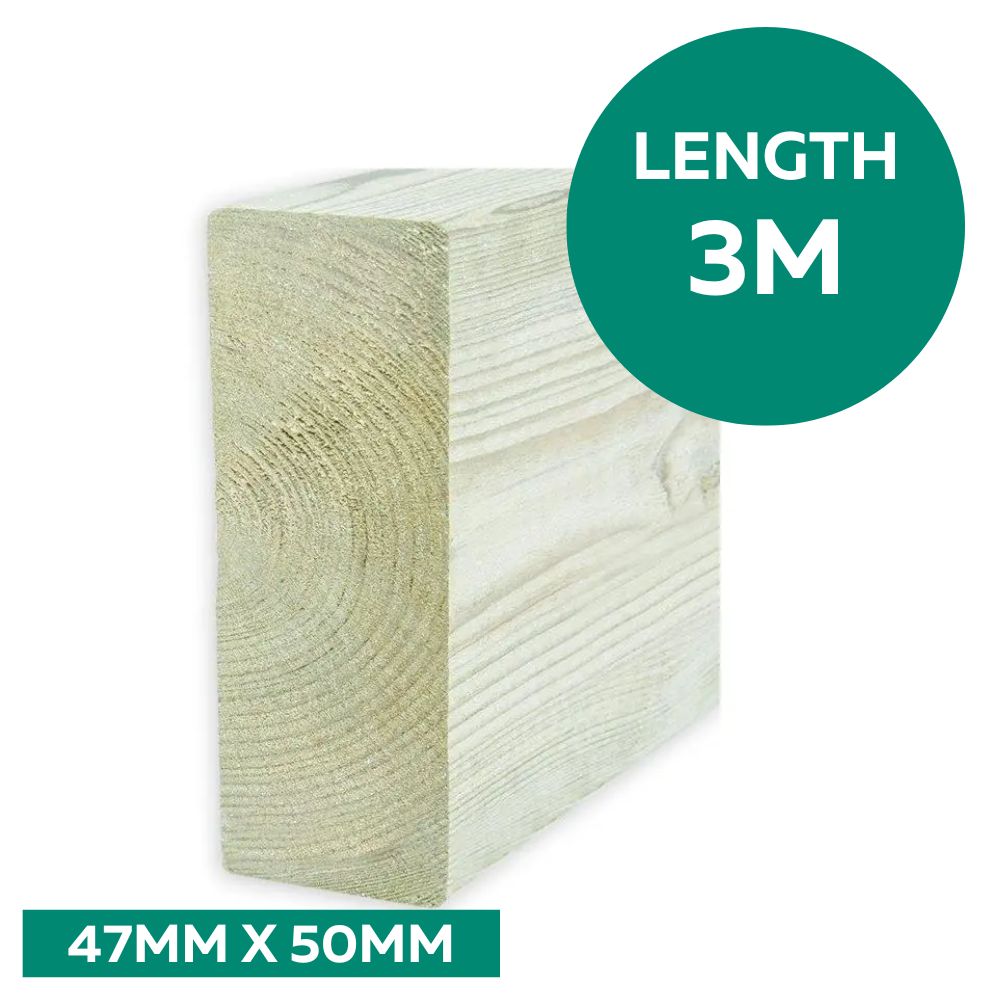 47mm x 50mm x 3m Treated Regularised Kiln Dried Sawn Timber (2 x 2)