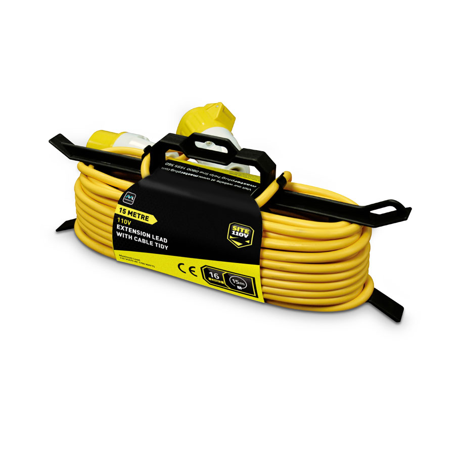 Masterplug LVIL15 Yellow 15m Inline 110V Extension Lead with Cable Tidy